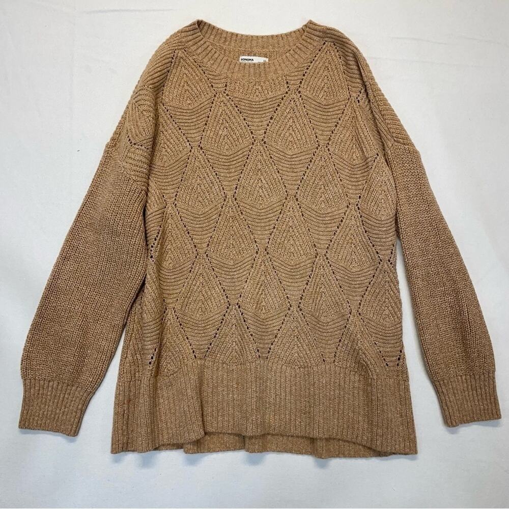 Sonoma Womens XXL Chunky Knit Sweater Tan Diamond Stitch Oversized Crewneck - Picture 7 of 7